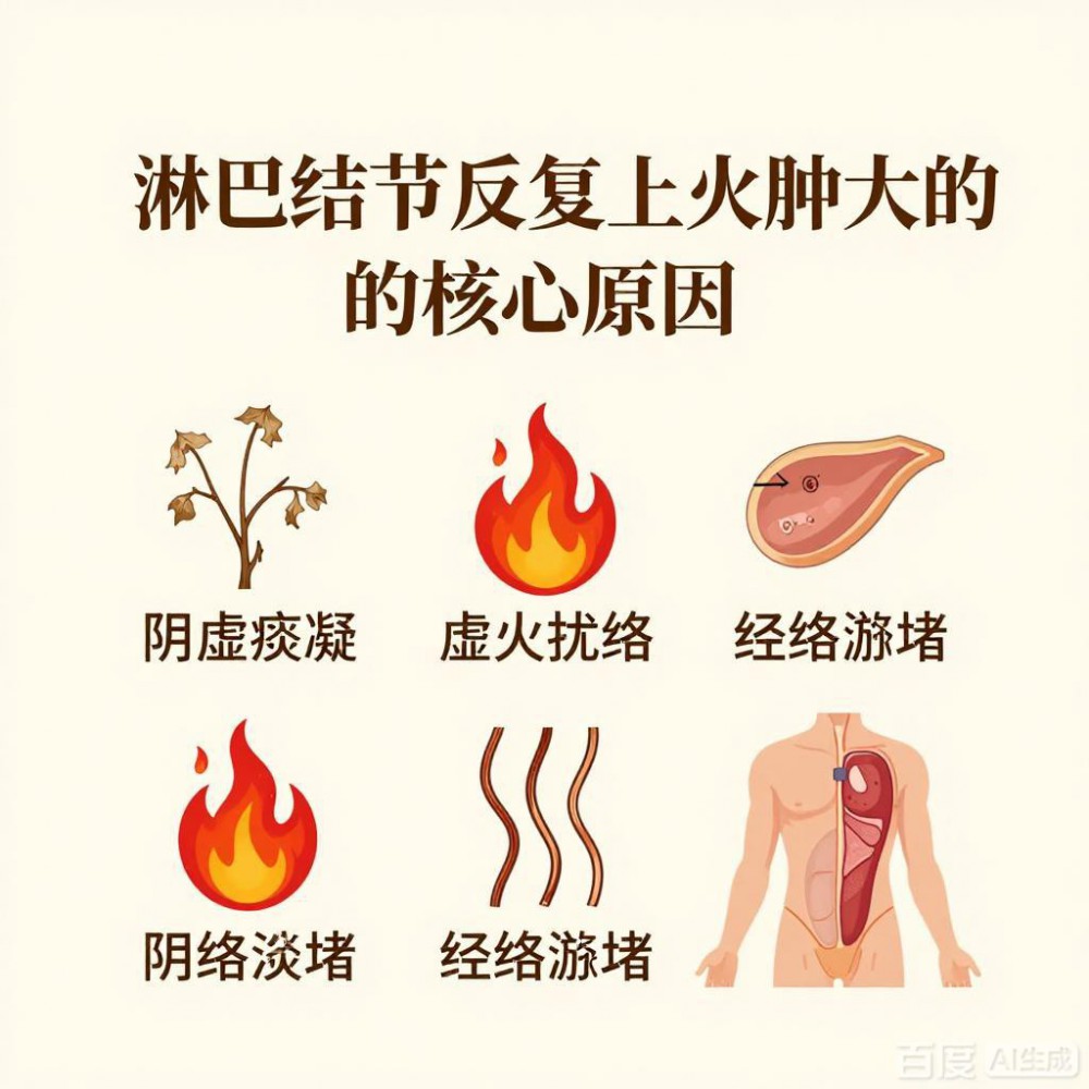 淋巴结节伴随反复上火，虚火痰凝淤堵经络